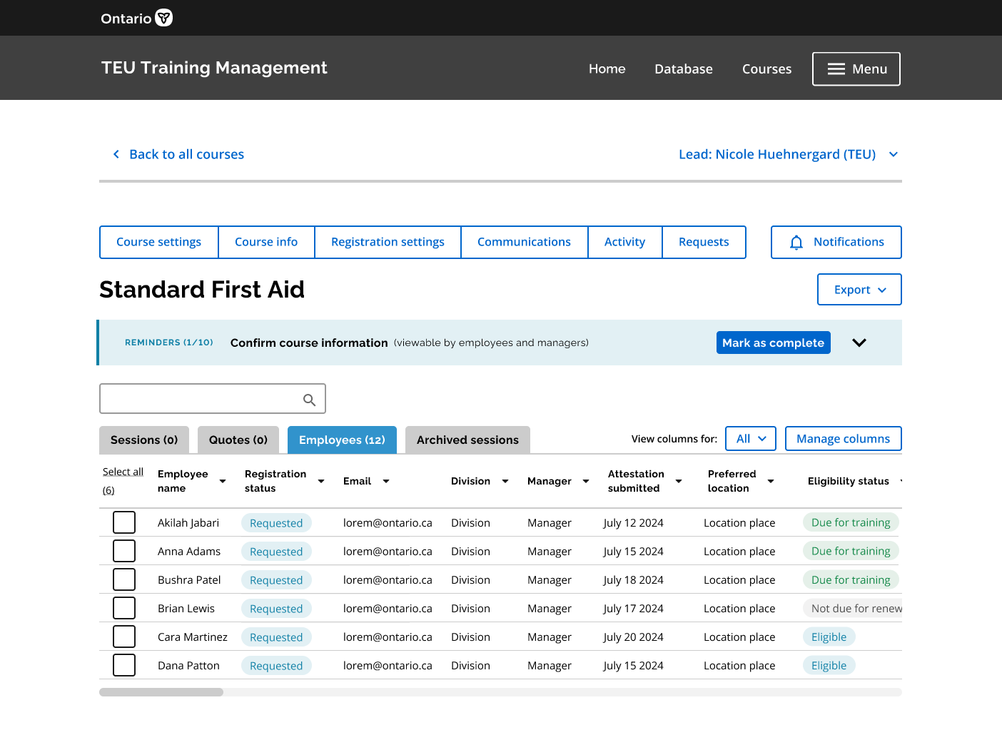 Manage Courses (Training Coordinator View)