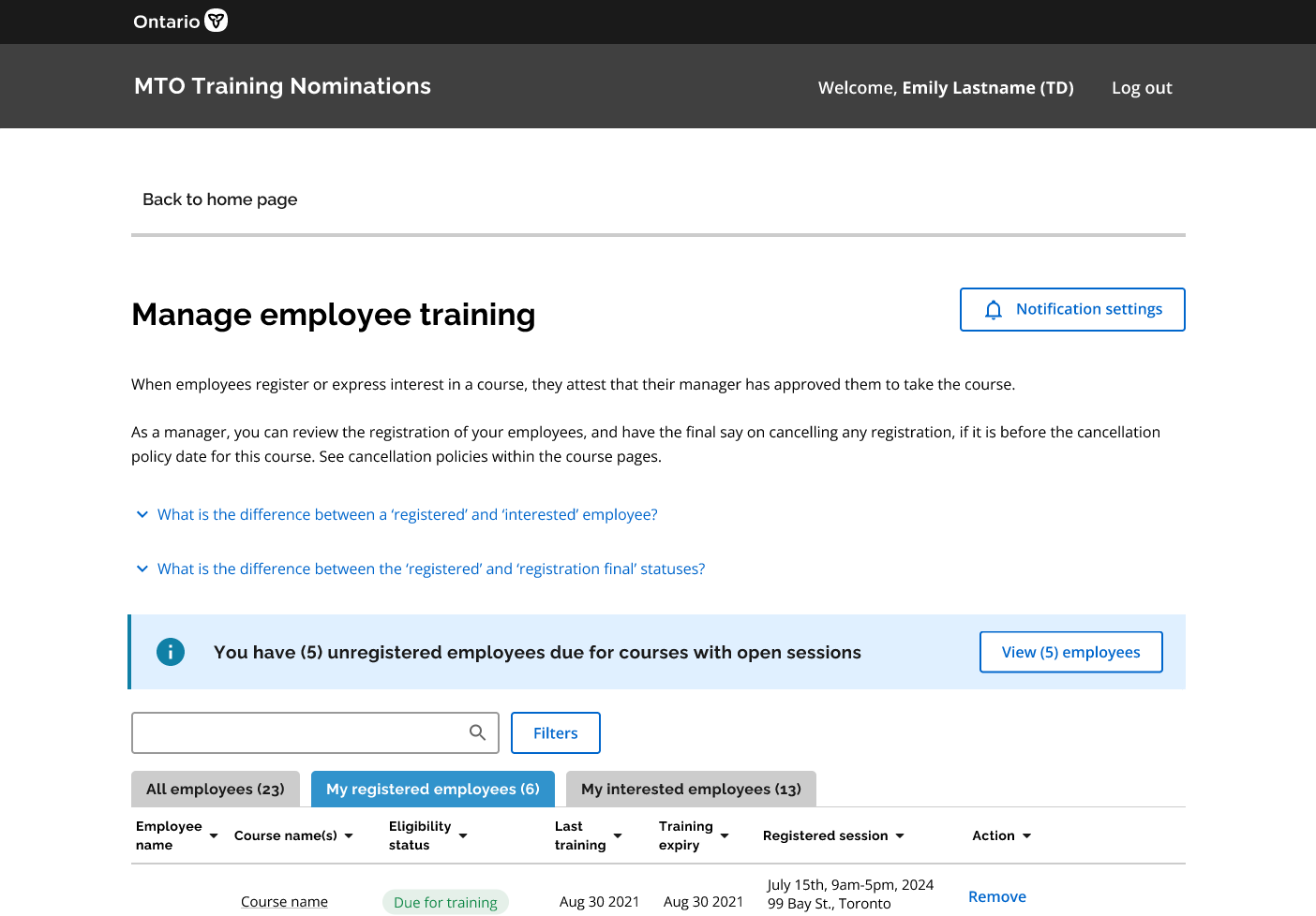 View Employee Training (Manager View)